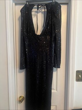 Source Unknown Black Sequin Backless Long Sleeve Evening Dress